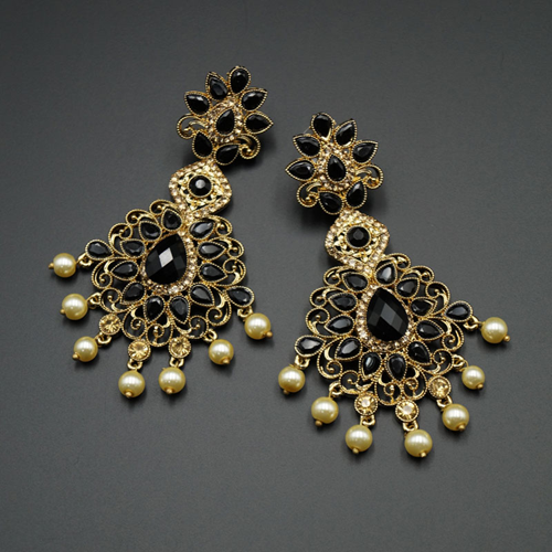Gouri Black Kundan /Gold Diamante Earrings - Gold