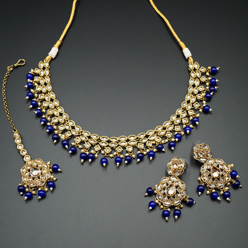 Tarz Gold Polki Stone/Blue Bead Necklace set - Antique Gold