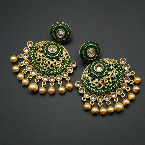 Kalka Green Meenakari/Gold Polki Earrings - Gold 