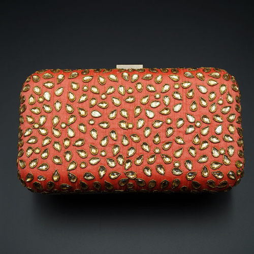 Khushi Coral- Gold Kundan Clutch Bag