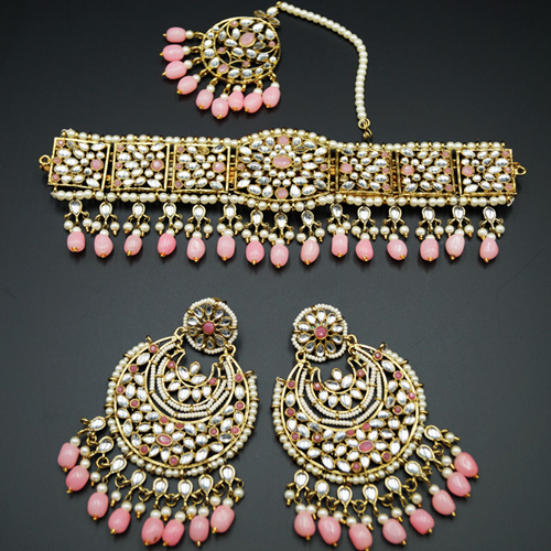 Neeta - Baby Pink/ White Kundan Choker Necklace Set - Gold