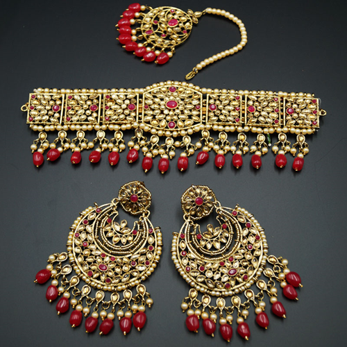 Neeta - Pink/Gold Kundan Choker Necklace Set - Gold