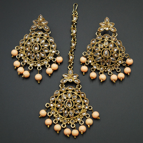 Prema - Peach /Gold Polki Stone Earring Tikka Set - Antique Gold