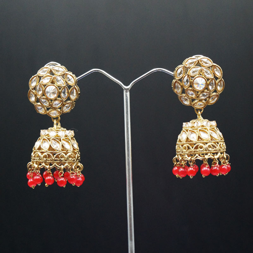 Vansha Polki Stone /Red Beads Jhumka- Antique Gold
