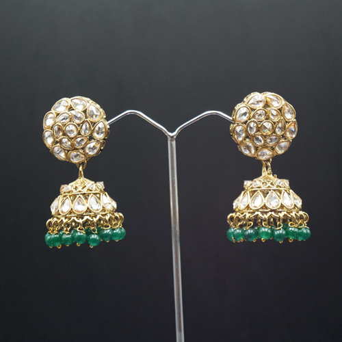 Suhani Polki Stone /Green Beads  Jhumka- Antique Gold