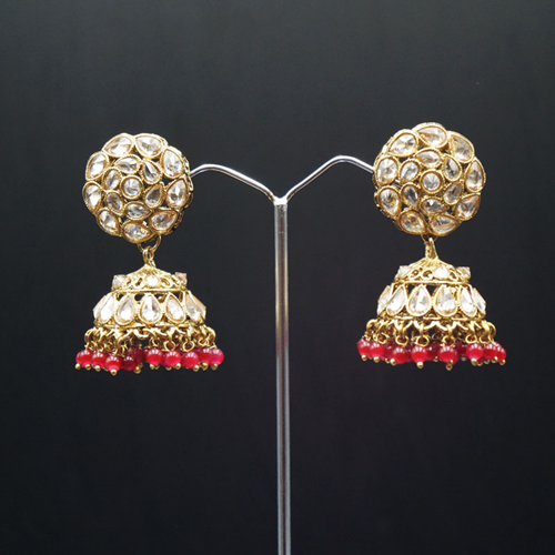 Suhani Polki Stone /Dark Red Beads  Jhumka- Antique Gold