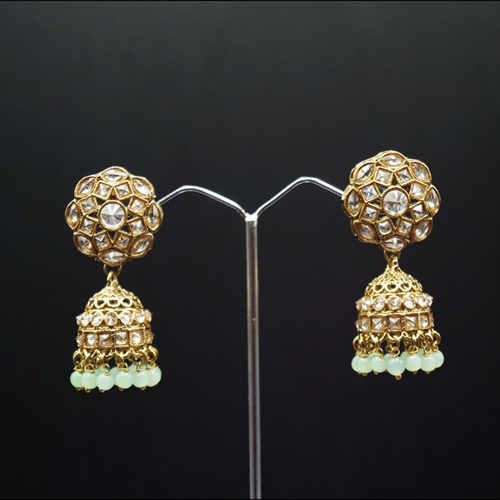Gurj Polki Stone /Light Green Beads Jhumka- Antique Gold