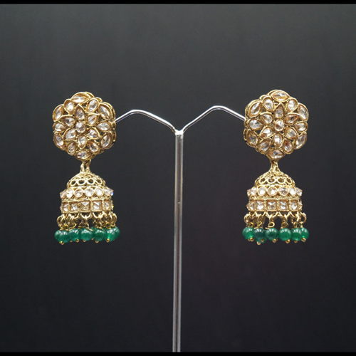 Gunj Polki Stone /Green Beads Jhumka- Antique Gold