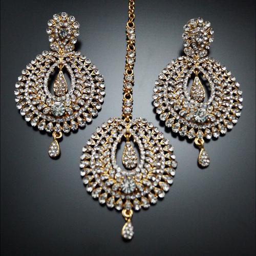 Kyra White Diamante Earring Tikka Set - Gold