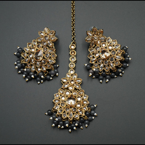  Mahika - Gold Polki Stone/Grey Beads Necklace set - Antique Gold