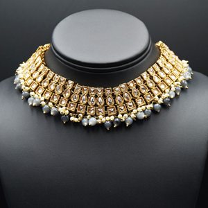 Jash Gold Polki Stone/Grey Bead Necklace set - Antique Gold