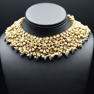 Dasa Gold Polki Stone/Grey Beads Necklace set - Antique Gold