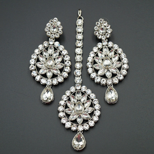 Jagvi White Kundan and Diamante Rani Haar Set - Silver