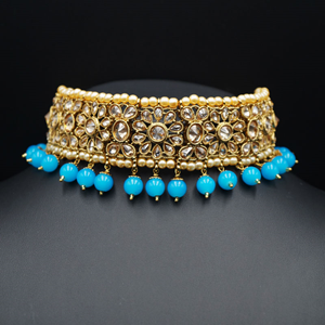 Yamha- Gold Polki Stone/Turquoise Beads Choker Set - Antique Gold