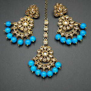 Yamha- Gold Polki Stone/Turquoise Beads Choker Set - Antique Gold