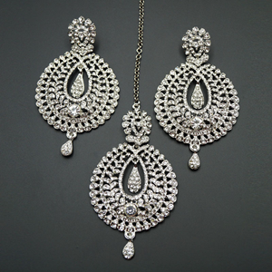 Kyra White Diamante Earring Tikka and Passa/Jhoomer Set - Silver