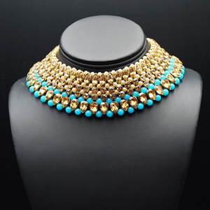 Komal Gold Diamante and Turquoise Beadsl Choker Necklace Set - Gold