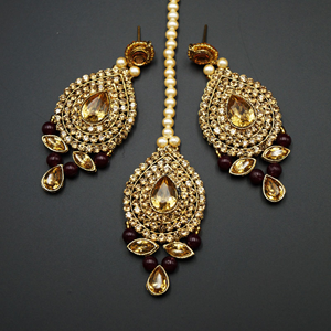 Komal Gold Diamante and Maroon Choker Necklace Set - Gold
