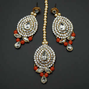 Komal White Diamante/Orange Beads Choker Necklace Set - Gold