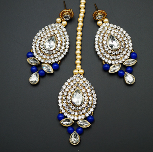 Komal White Diamante/Royal Blue Beads Choker Necklace Set - Gold