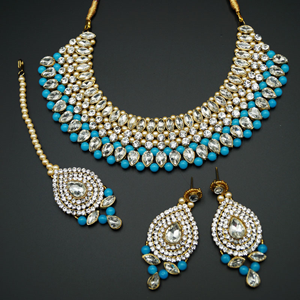 Komal White Diamante/TurquoiseBeads Choker Necklace Set - Gold