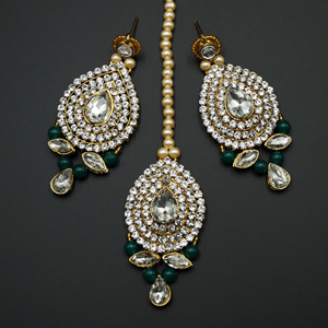 Komal White Diamante/Green Beads Choker Necklace Set - Gold
