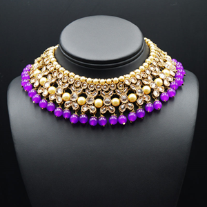Neima -Gold Polki Stone/Purple Beads Necklace set - Antique Gold