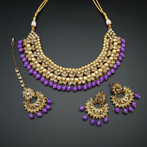 Neima -Gold Polki Stone/Lilac Beads Necklace set - Antique Gold