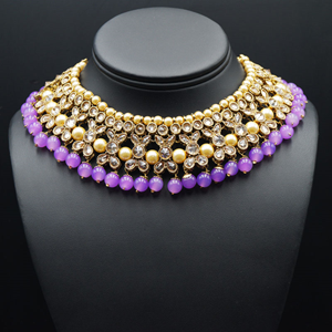 Neima -Gold Polki Stone/Lilac Beads Necklace set - Antique Gold