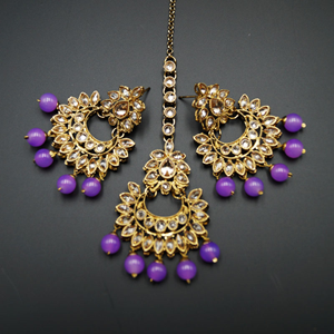 Neima -Gold Polki Stone/Lilac Beads Necklace set - Antique Gold