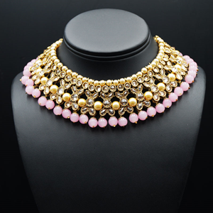 Neima -Gold Polki Stone/Baby Pink Beads Necklace set - Antique Gold