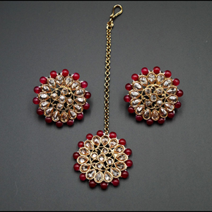 Sanya-Gold Polki Stone/Maroon Beads Necklace set - Antique Gold