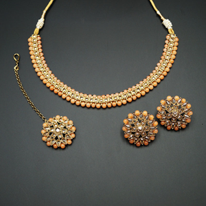 Udip - Gold Polki Stone/Peach Beads Necklace Set- Antique Gold