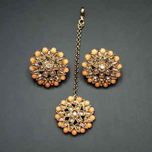 Udip - Gold Polki Stone/Peach Beads Necklace Set- Antique Gold