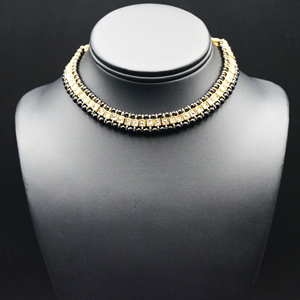 Udip - Gold Polki Stone/Black Beads Necklace Set- Antique Gold
