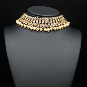 Sara- Gold Polki Choker Necklace Set with Pearls- Antique Gold