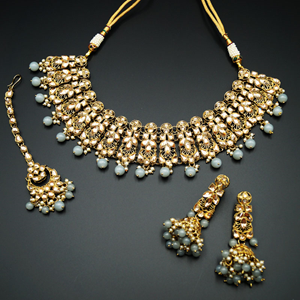 Filza Gold Kundan & Grey Beads Necklace Set - Antique Gold