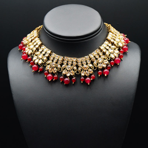 Ladhi  -Gold Kundan & Pink Beads Necklace Set - Antique Gold