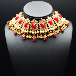 Tagi -Ruby Kundan/Gold Stone Pearl Necklace Set - Gold