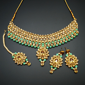 Kari - Gold Diamante and Pista Beads Choker Necklace Set - Gold