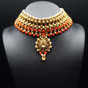 Kari - Gold Diamante and Orange Beads Choker Necklace Set - Gold