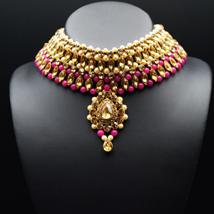 Kari - Gold Diamante and Pink Beads Choker Necklace Set - Gold