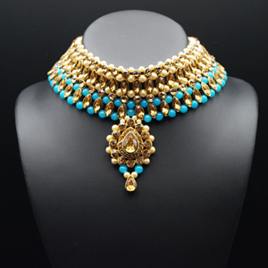 Kari - Gold Diamante and Turquoise Beads Choker Necklace Set - Gold