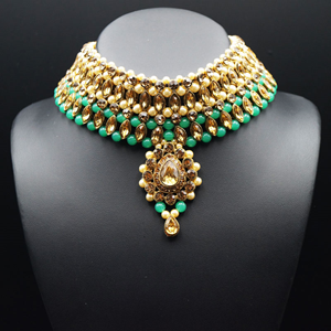 Kari - Gold Diamante and Mint Beads Choker Necklace Set - Gold