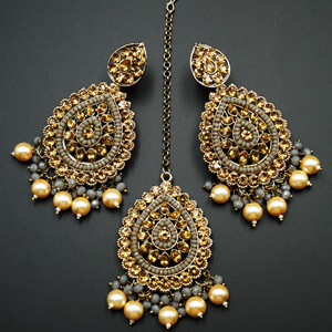 Logu-Gold Diamante / Grey Beads Earring Tikka Set - Gold