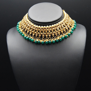 Gamya - Gold Diamante and Green Beads Necklace Set - AntiqueGold