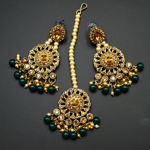 Gamya - Gold Diamante and Green Beads Necklace Set - AntiqueGold