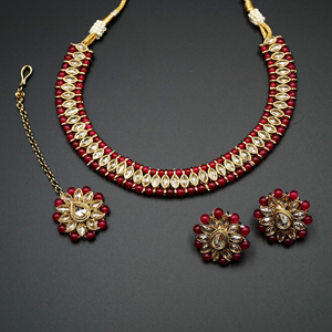 Moksin-Gold Polki Stone/Maroon Bead Necklace set - Antique Gold