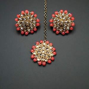 Shayna-Gold Polki Stone/ Coral Bead Necklace set - Antique Gold