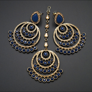 Kritu- Blue / Gold Diamante Earrings Tikka set  - Gold